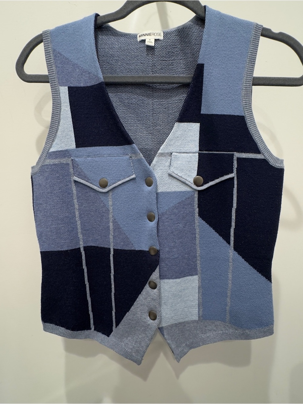 Minnie Rose Blue Geometric V-Neck Knit Sweater Vest Size S